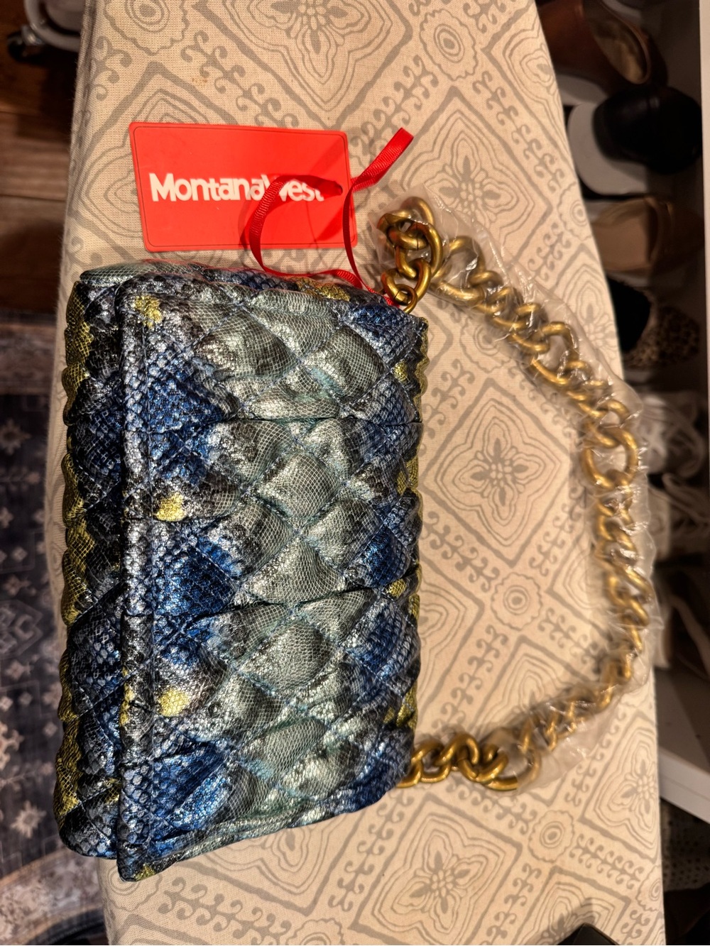 Montana West Blue Quilted Snake-Print Mini Chain Bag with Gold Hardware